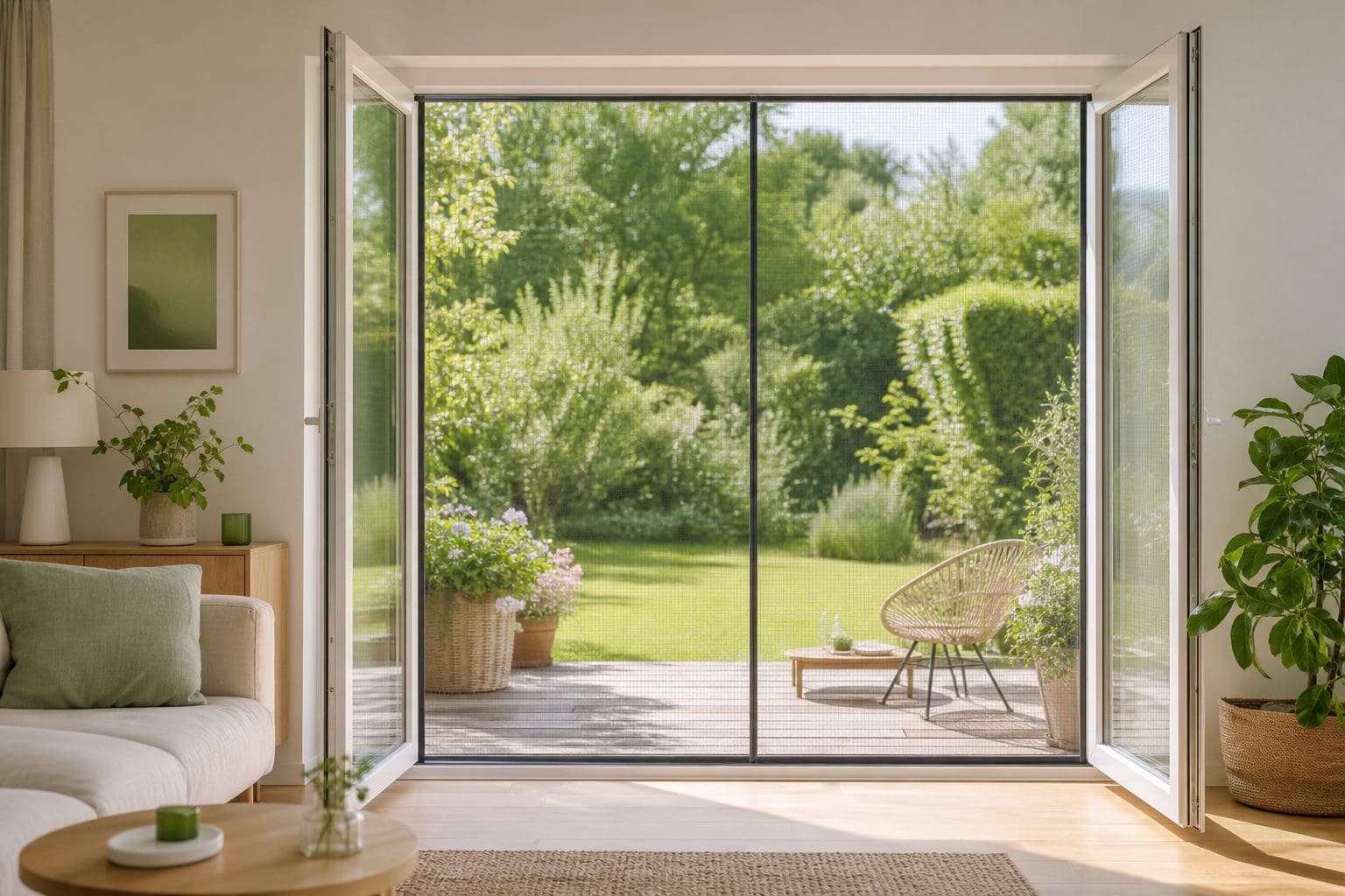 Geöffnete Fenstertür mit Insektenschutz-Spannrahmen und Blick in einen sommerlichen Garten