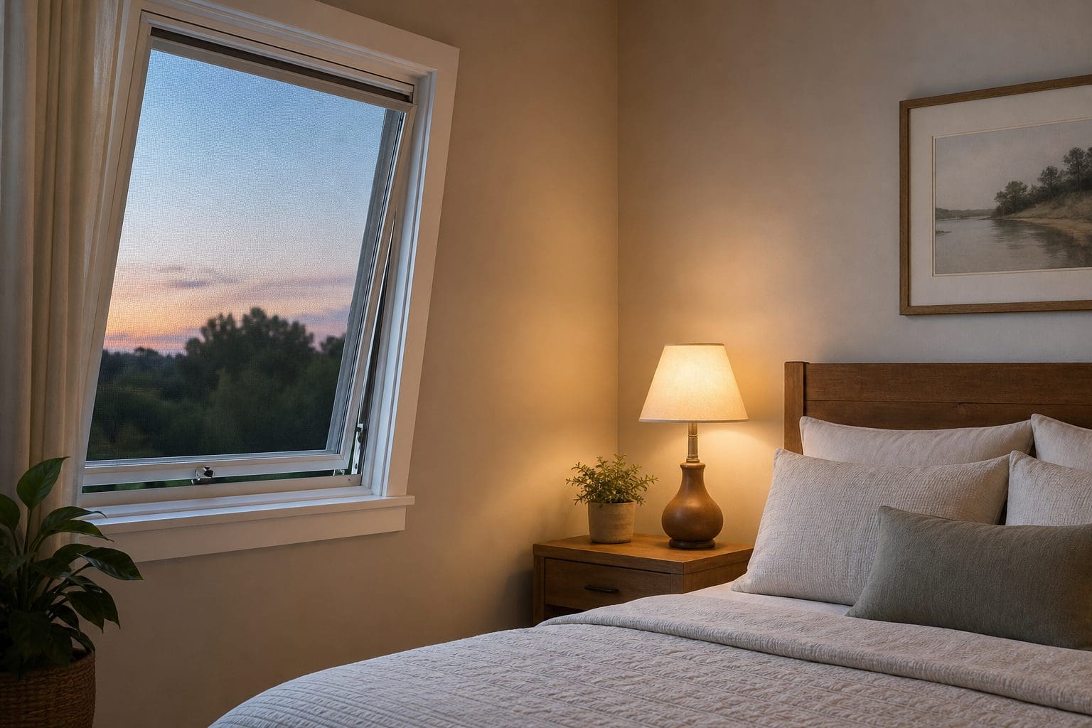 Schlafzimmer am Abend mit gekipptem Fenster und Insektenschutzgitter